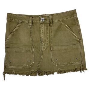 Free People Army Green Denim Utility Mini Skirt Distressed Size 28